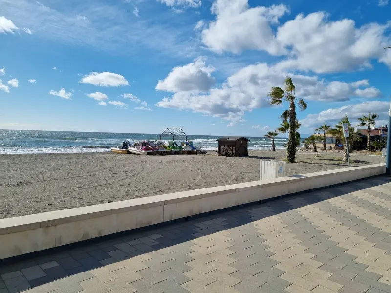 Pédalos près d’une plage presque vide et d’une promenade bordée de palmiers à Torrox Costa