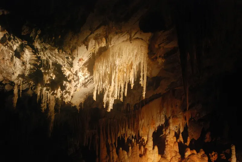 Illuminated stalactites in a cave, illustrative photograph